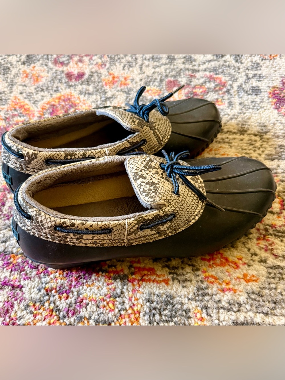 JBU Woven Snake-Print Duck-Style Women's Loafers in Black and Taupe